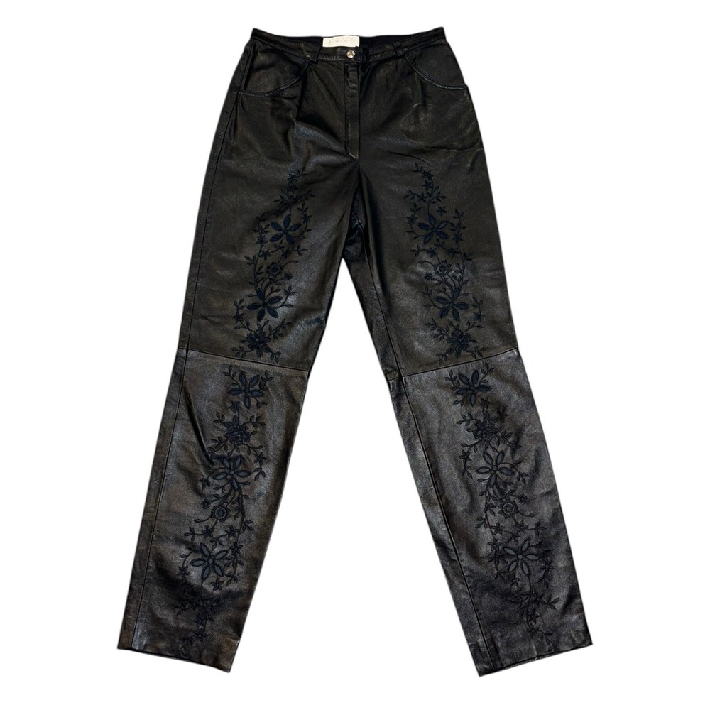 Vintage Escada Leather Pants With Cut Out Floral Pattern Women's 36/6 Black EUC